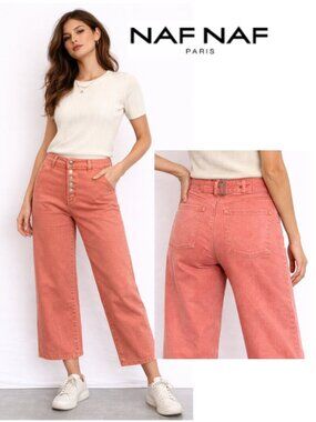 NAF NAF Coral Peach Denim Cropped Wide Leg Jeans High Rise Button Fly Sz 10
